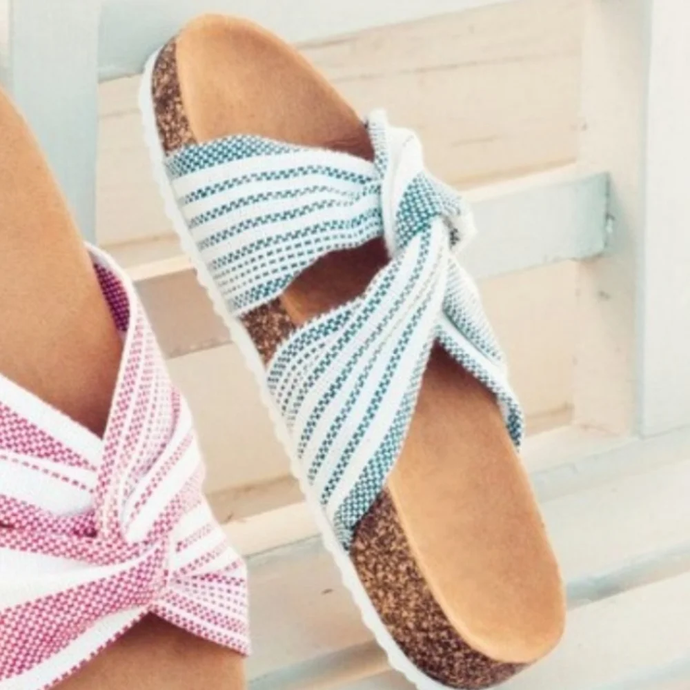 Qupid navy and white striped fabric Luka slides size 6